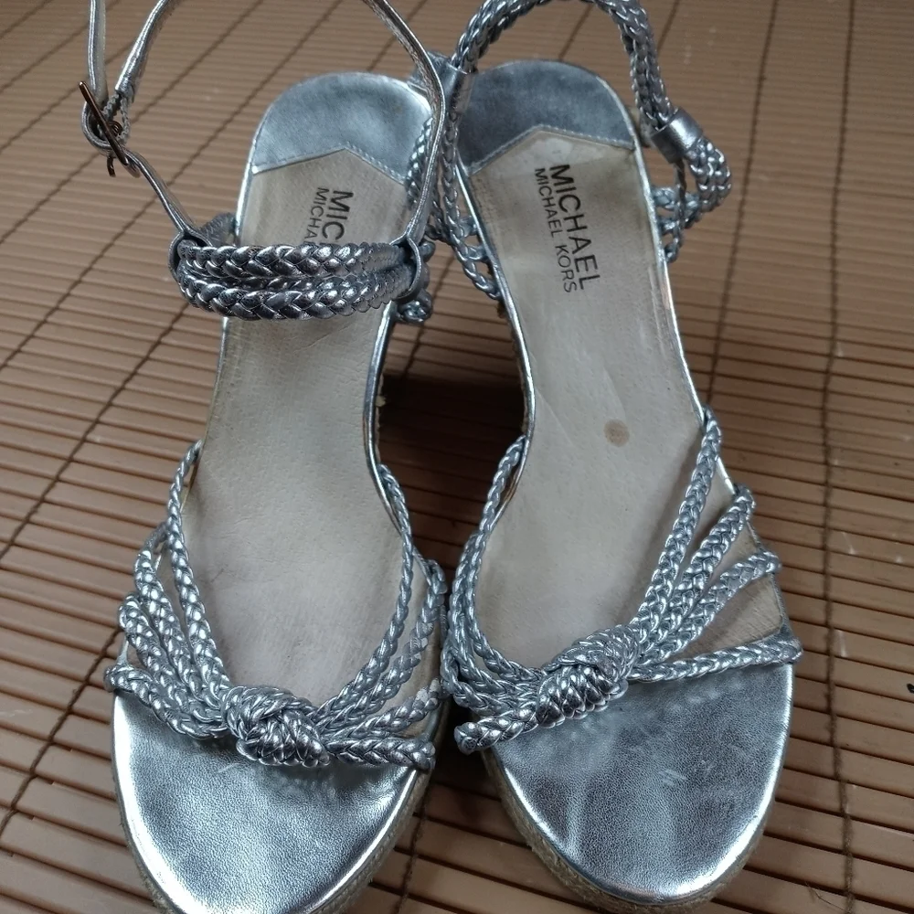 Michael Kors women's platform espadrille braided silver buckle straps. 4